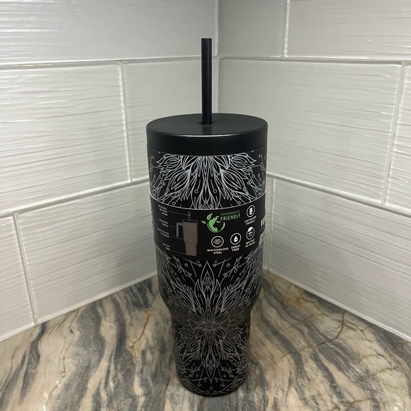 HydraPeak Black Wiccan Voyager 40 oz Steel Tumbler Handle Straw Wicca Floral NEW - Picture 4 of 6